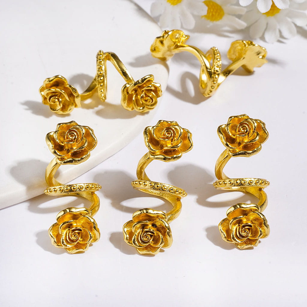 Elegant Twisted Spiral with Delicate Rose Flower Detail, Gold Color Metal Beads, Large Hole Jewelry Accessories
