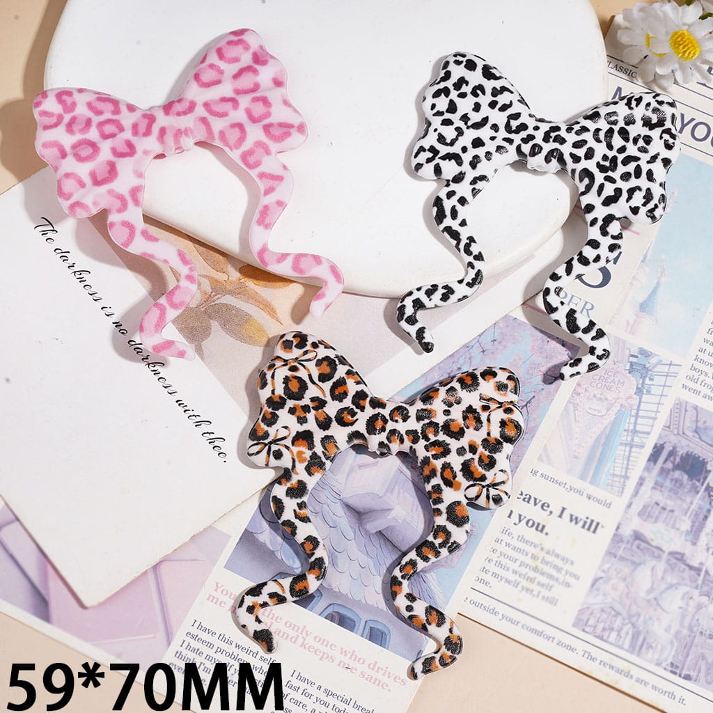 Silicone Focal Beads Bowtie with Long Ribbon Leopard Print Series, 59*70MM Multi-Color Random Mix