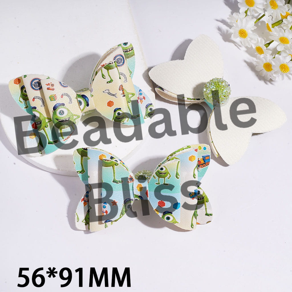 Acrylic Sugar Beads with AB Rhinestone and Clear Ball Chains, Fabric Bowtie with Green One-Eyed Monster Character, 56*91MM