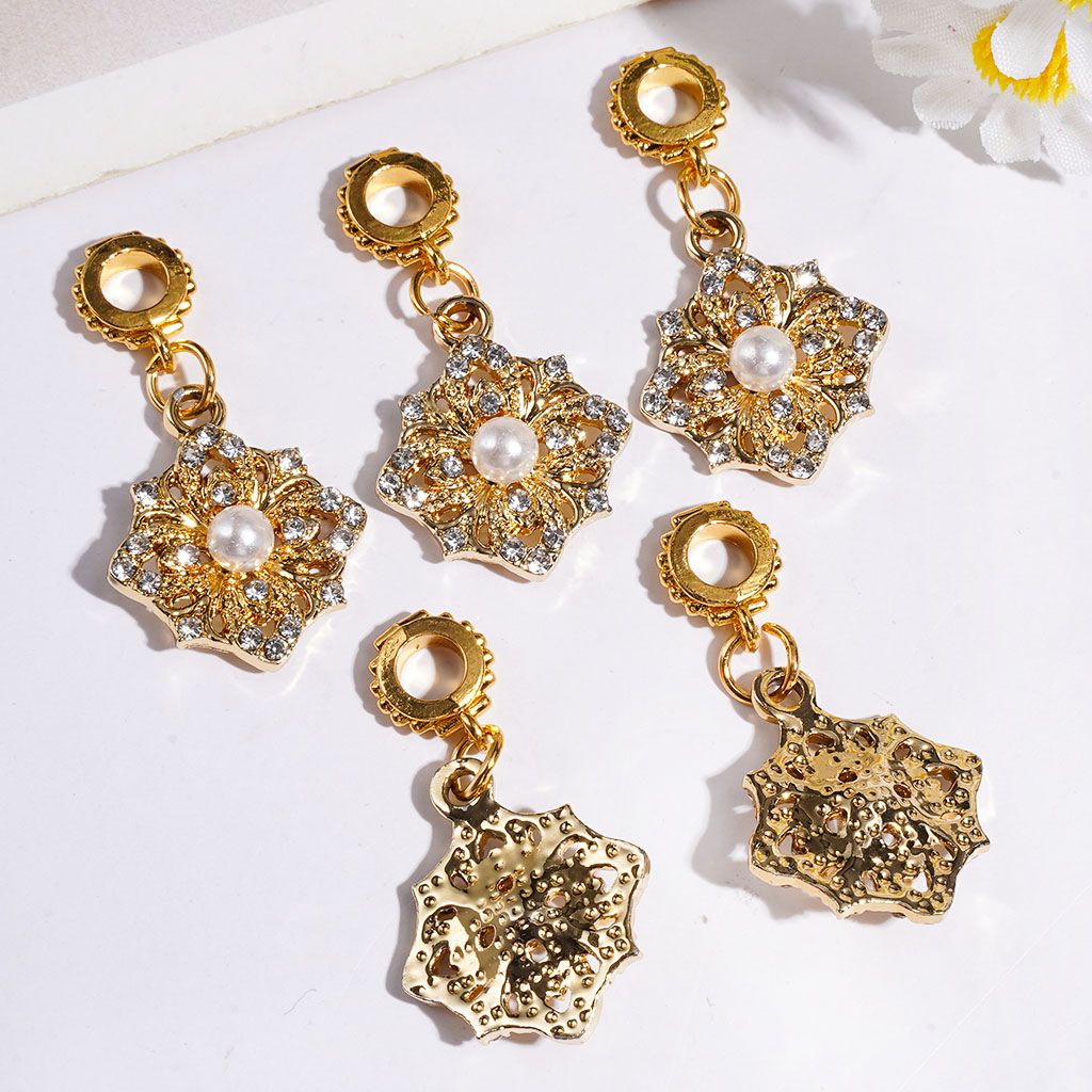 Elegant Gold Alloy Snowflake Flower with Clear & White Pearl Accents Bail Loop Beads for Charms & Pendants