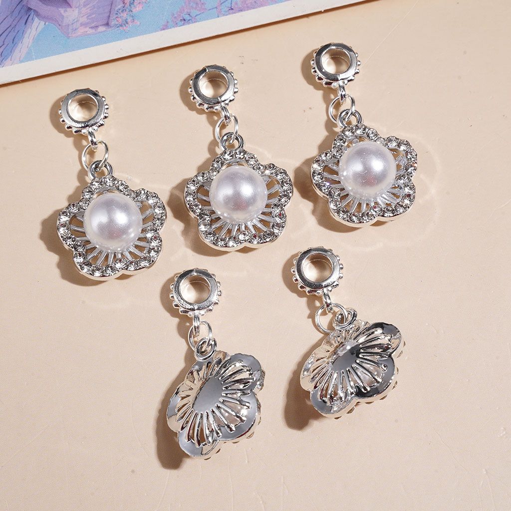 Elegant Silver Alloy Flower with Big Pearl & Clear Rhinestone Bail Loop Beads for Charms & Pendants, Jewelry Accessories