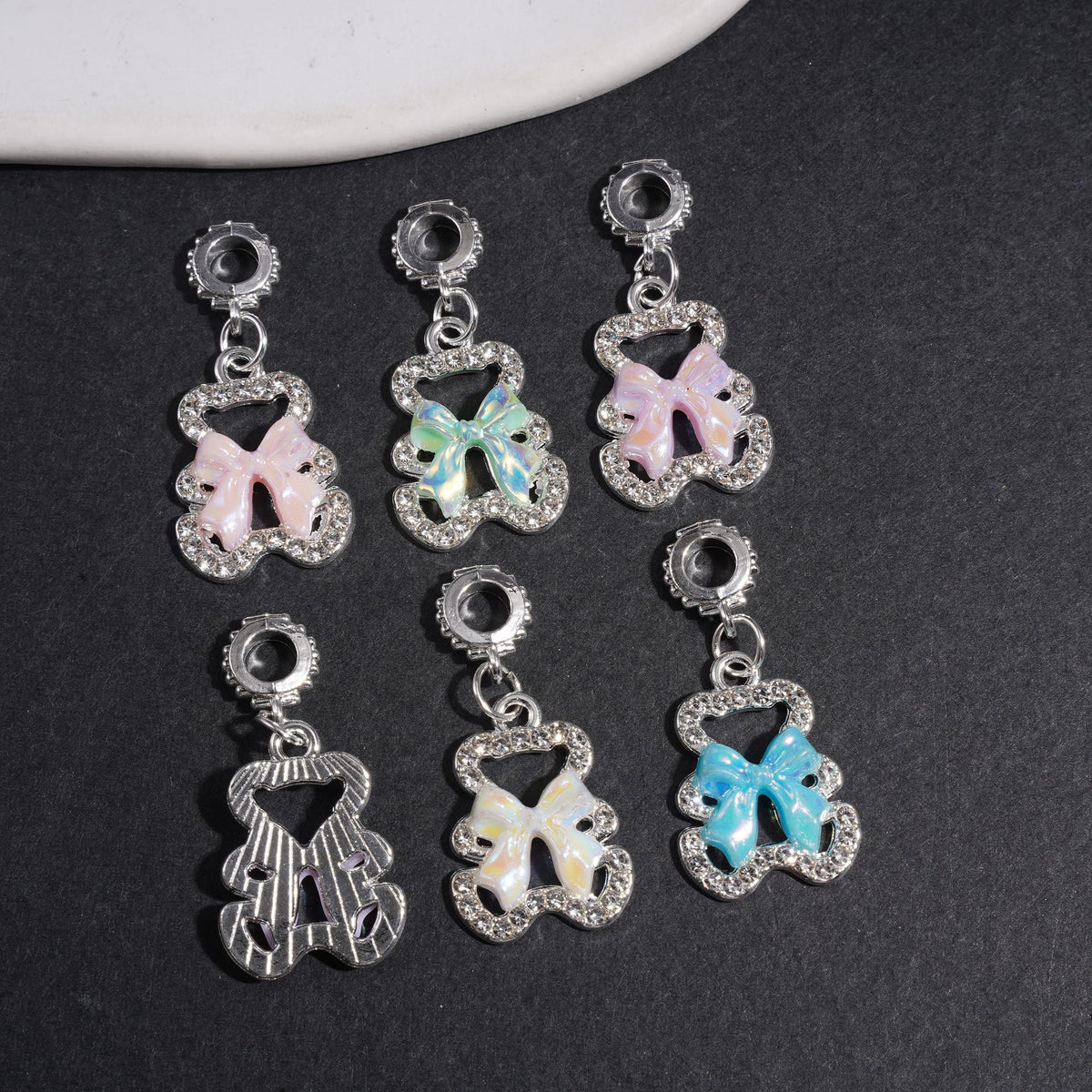 UV-Coated Cute Bear with Bowtie & Clear Rhinestone Alloy Bail Beads, Charm & Pendants for Jewelry Accessories, Multicolor, Random Mix
