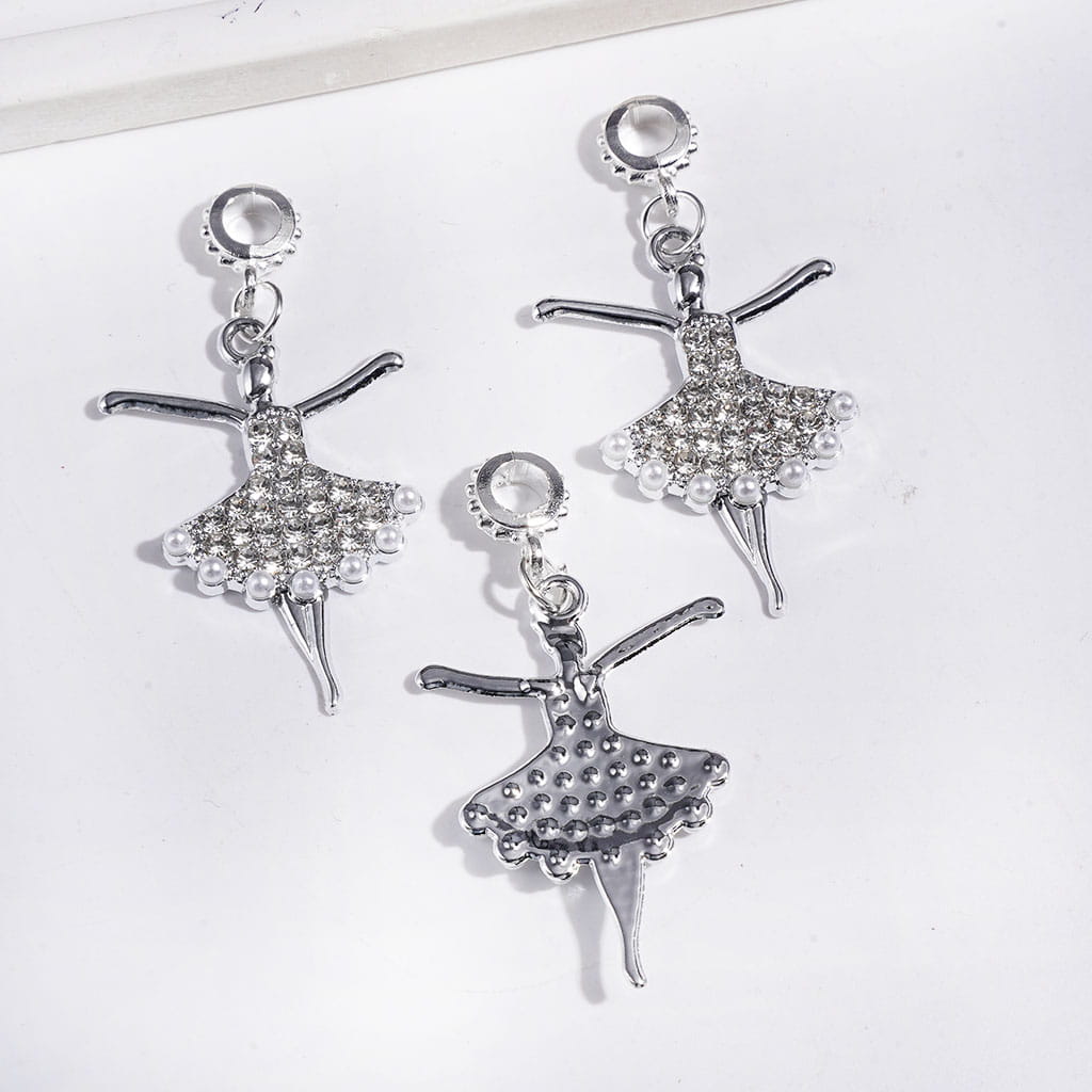 Alloy Bail Loop Beads, Charm Pendants Ballet Dancer with White Pearl and Clear Rhinestones