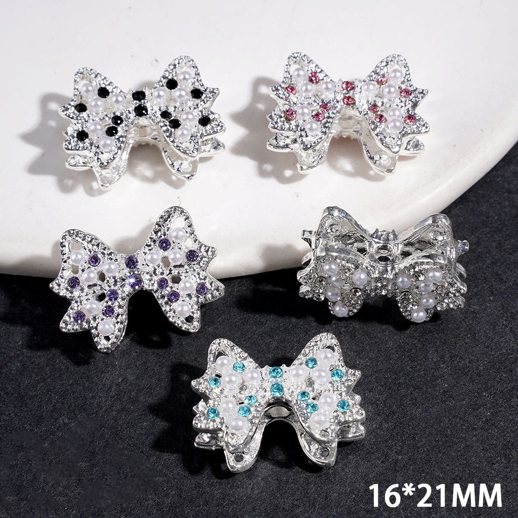 Elegant White Pearl & Shimmering Rhinestone Bowtie Shape Metal Beads, 16*21MM, Multicolor, Random Mix