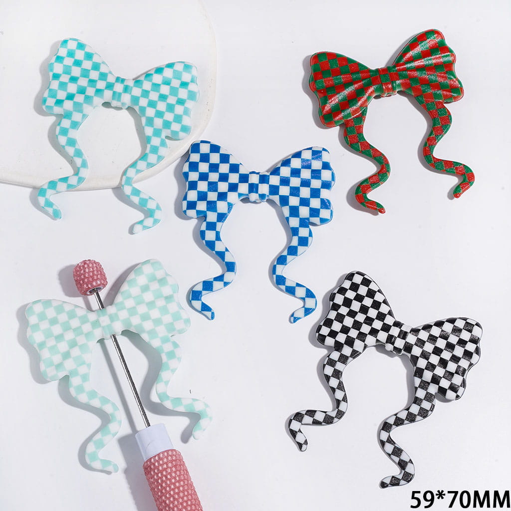 Silicone Focal Beads Soft Bowtie, Bowknot with Long Ribbon and Checkerboard Print, 59*70MM Multi-Color Random Mix