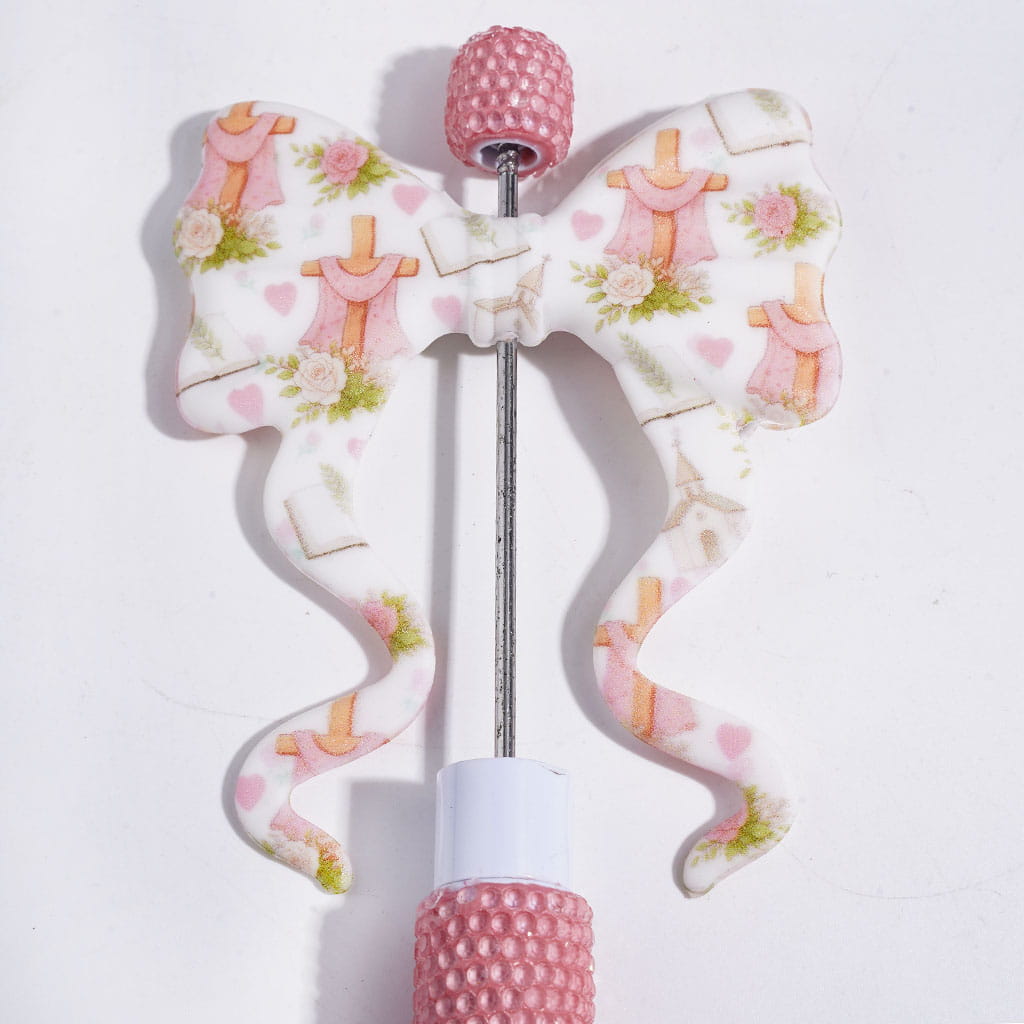 Silicone Focal Beads Bowtie with Long Ribbon, Church Bible Rose Flower Cross with Pink Scarves, 59*70MM
