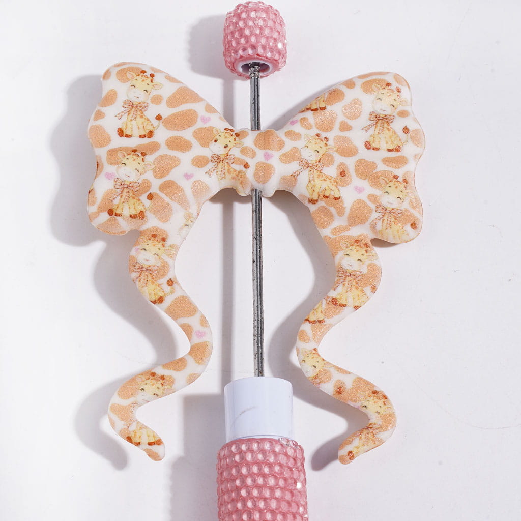 Silicone Focal Beads Bowtie with Long Ribbon, Light Brown Leopard and Giraffe Print, 59*70MM
