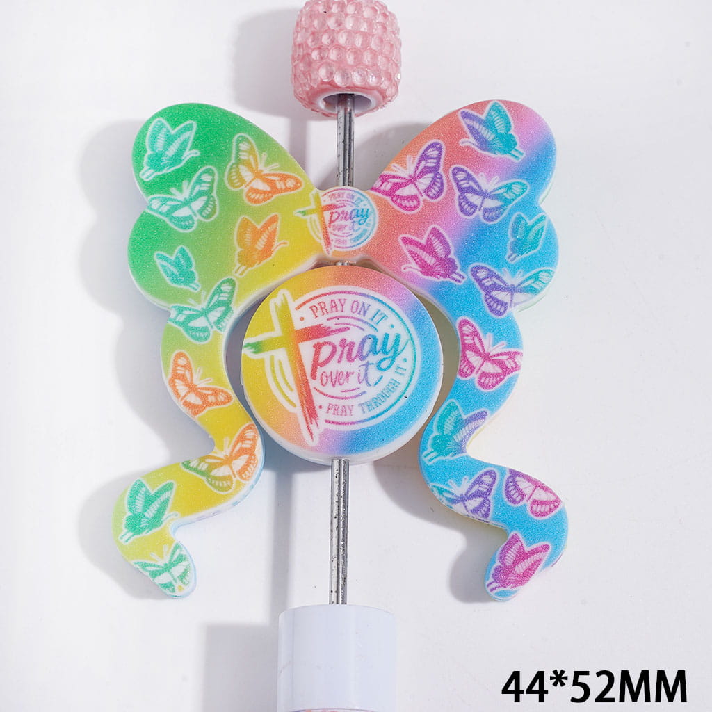 Gradient Butterfly, Cross and Inspirational Text Designs on Flat Round and Bowtie-Shaped Silicone Focal Beads, 44*52MM