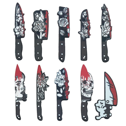 Halloween Skull & Knife Design with Bloody Flower Prints Plastic Beads Horror Jewelry Accessories