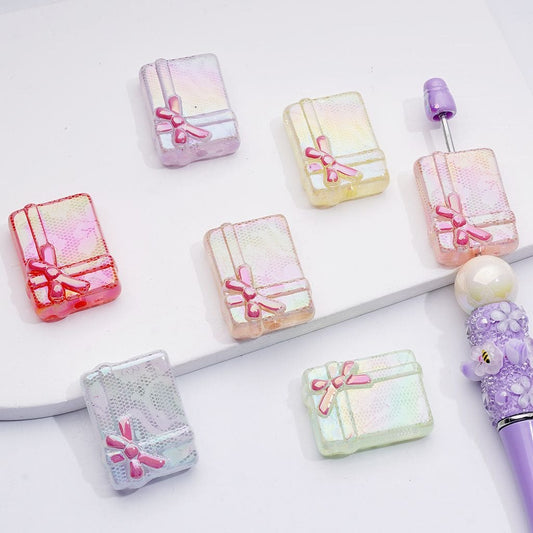 UV Coating White Lace Flower Pink Bowknot Gift Box Acrlyic Beads, 31*23MM, Random Mix