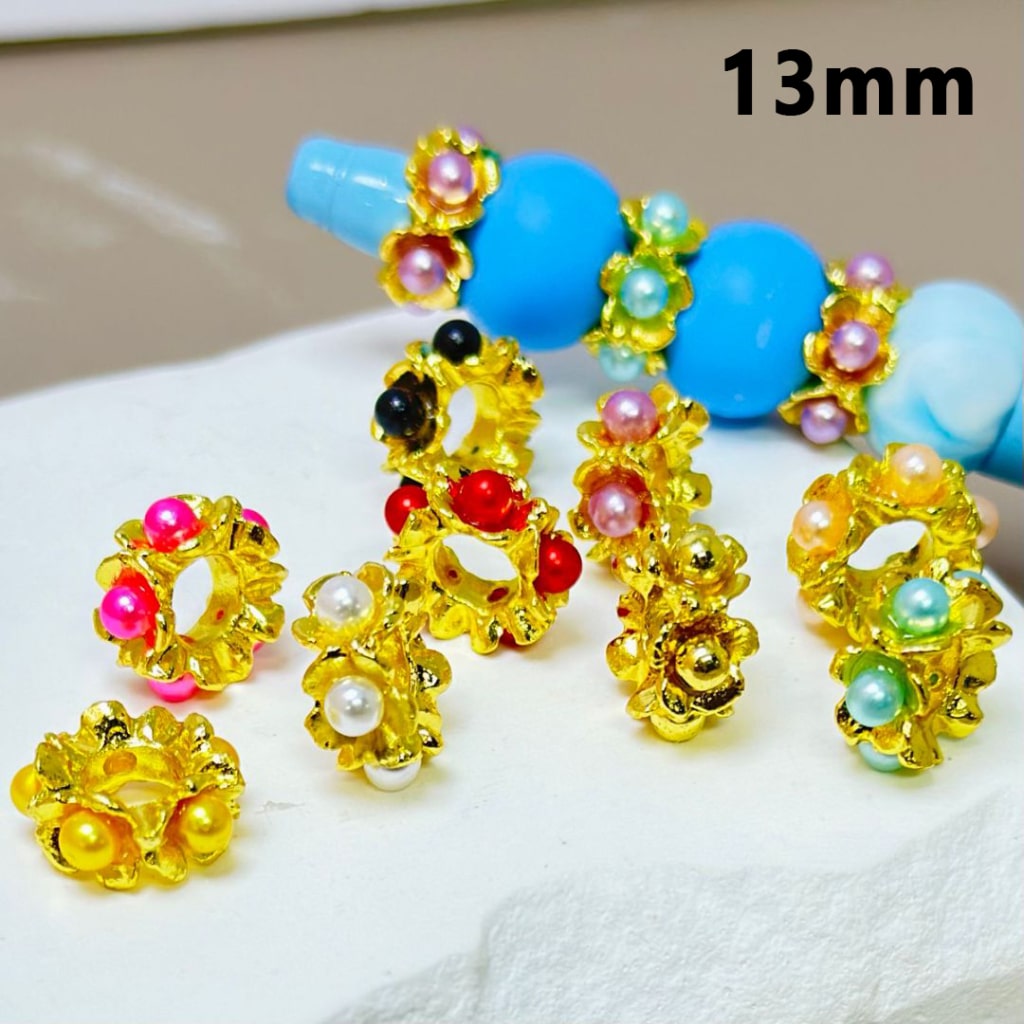 Gold Metal Alloy Exquisite Flower Spacer with Colorful Pearls Inside, 13MM – Please Read the Description