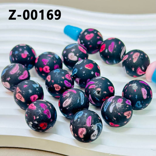 Round Printed Colorful Hearts Black Silicone Beads 15mm, Number Z-00169
