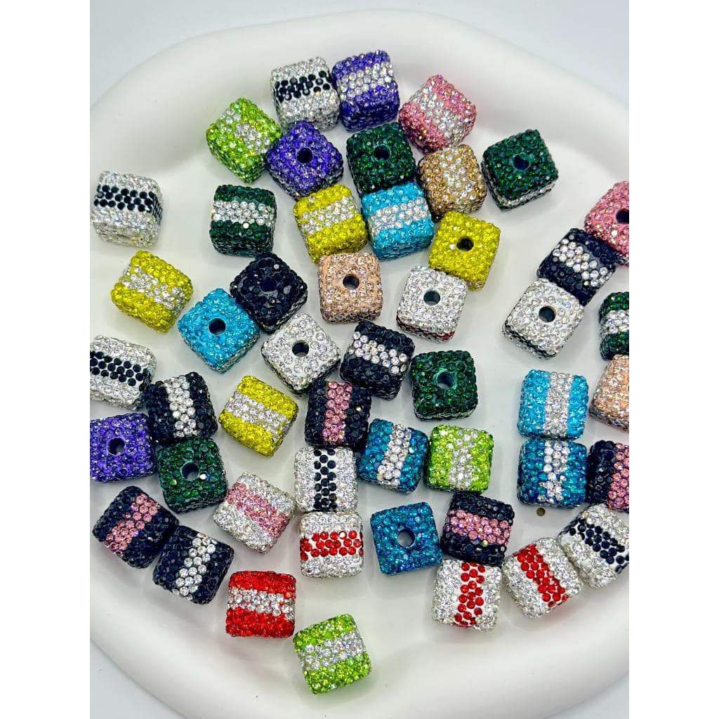 Clay Beads Striped Cube with Rhinestones, Random Mix 14mm