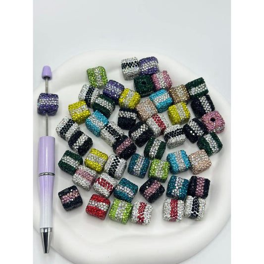 Clay Beads Striped Cube with Rhinestones, Random Mix 14mm