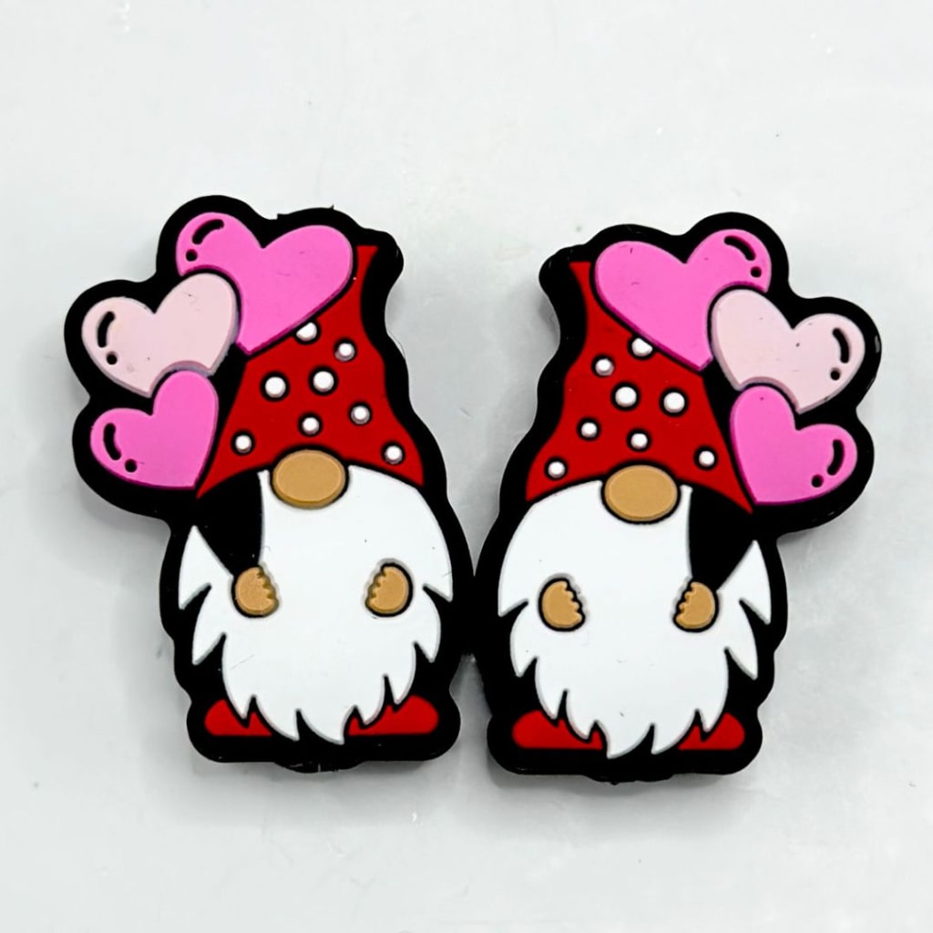 Gnome Cute Dwarf in Christmas Hat Heart Pink Red Silicone Focal Beads