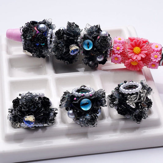 Elegant Silver Alloy Ring – Butterfly & Floral Design, White Pearls, Blue Eye Accent & Glossy Black Round Acrylic Beads (Approx. 16MM)