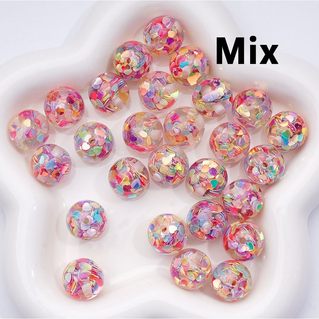 UV Coating Round Acrylic Beads Multi-Color Shiny Heart Flakes Inside 16MM