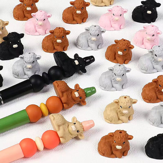 Cute Cow Cattle Calf Character in Various Colors Silicone Focal Beads, Random Mix