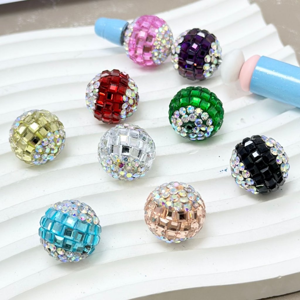 Shiny Colorful Square Rhinestones with Bling Bling, Mini AB Rhinestones, and Round Clay Beads, 16mm. Please Read the Description