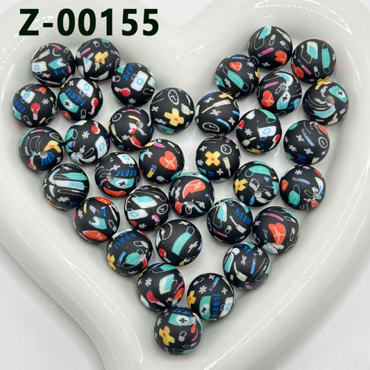 First-Aid Case Hospital Doctor Nurse Black Round Mask Electrocardiogram Band-Aids Printed Silicone Beads 15mm, Number Z-00155