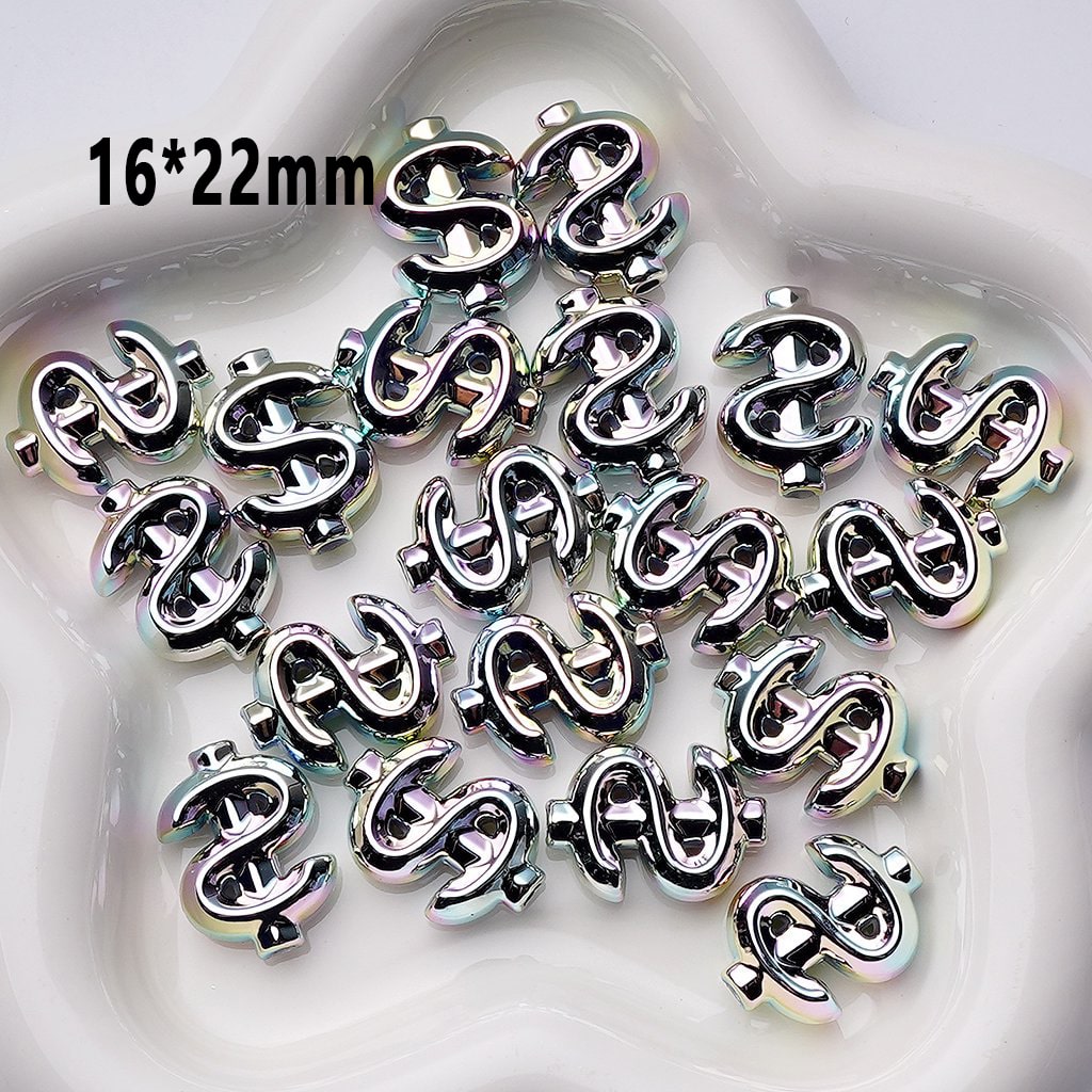 Iridescent Holographic Dollar Sign Beads – 16x22MM Silver Galaxy Acrylic Charms for DIY Crafts