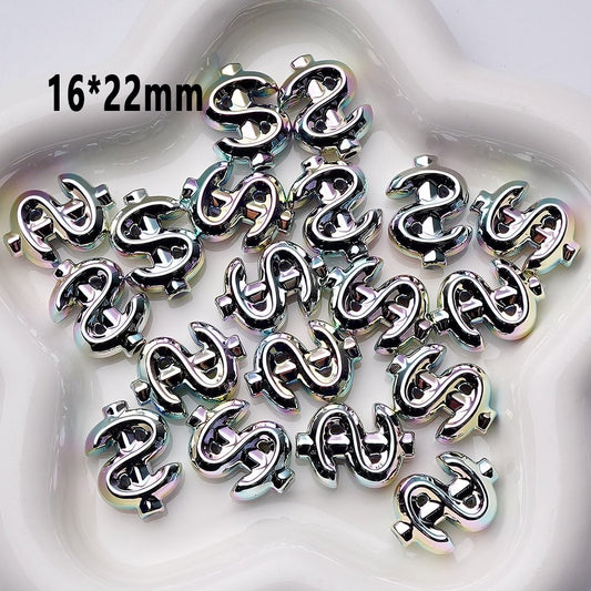 Iridescent Holographic Dollar Sign Beads – 16x22MM Silver Galaxy Acrylic Charms for DIY Crafts