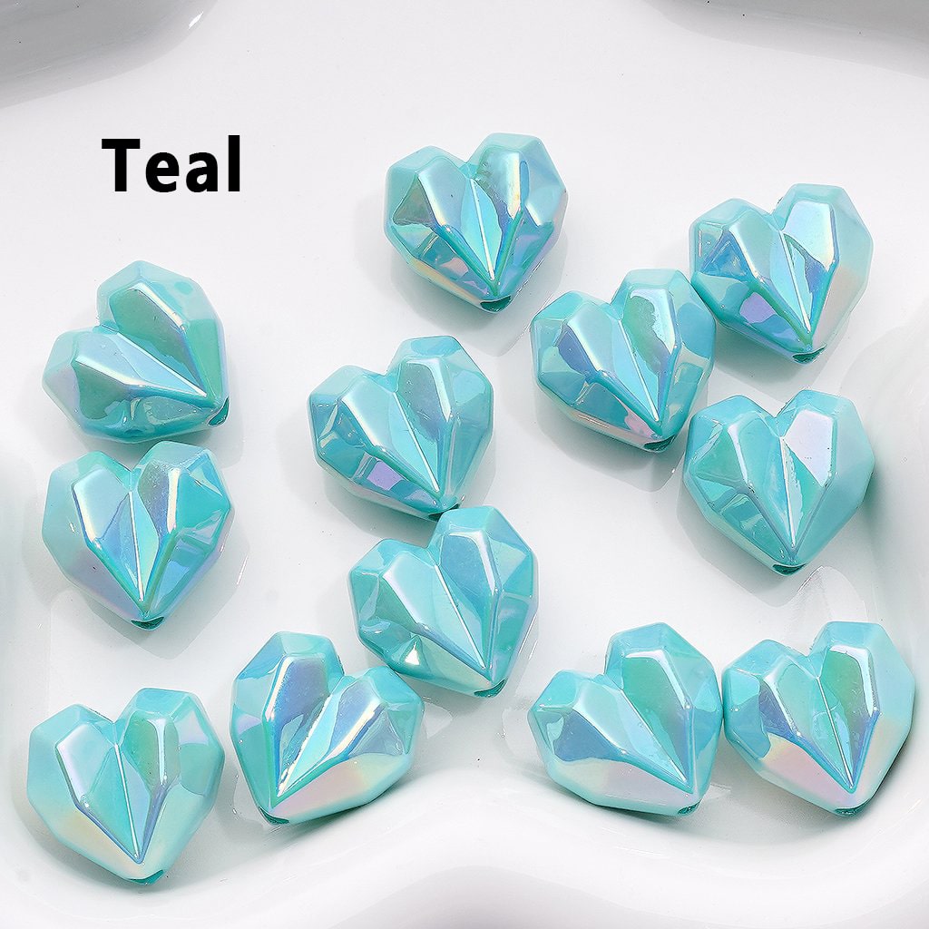 Geometric Heart Acrylic Beads – 16x18MM UV Coated Polyhedron Design, Random Color Mix