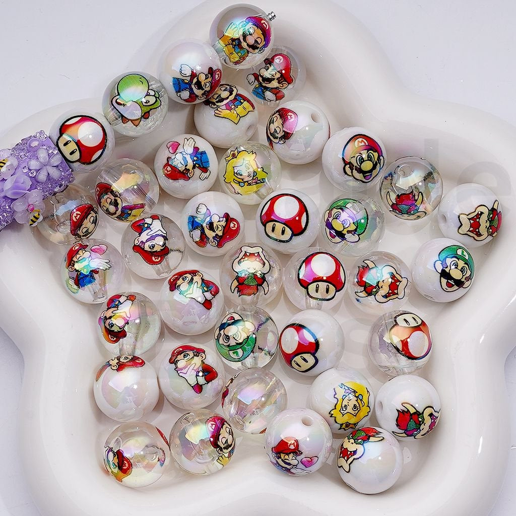 UV Coating Plumber Character Series White Clear Round Acrylic Beads, 16MM, Random Mix