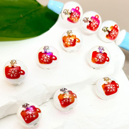 Red Coffee Cup with Snowflake Prints White Round UV Finish Acrylic Beads, 16MM, Random Mix