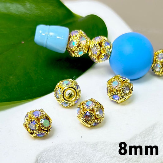 Gold Alloy Bling Bling Flower Spacer with Shiny AB Rhinestones, 8MM