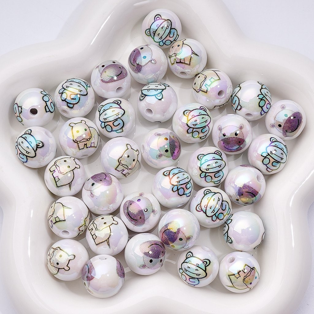UV Coated Mix Featuring Cheerful Hippo Design White Round 16MM, Acrylic Beads, Random Mix