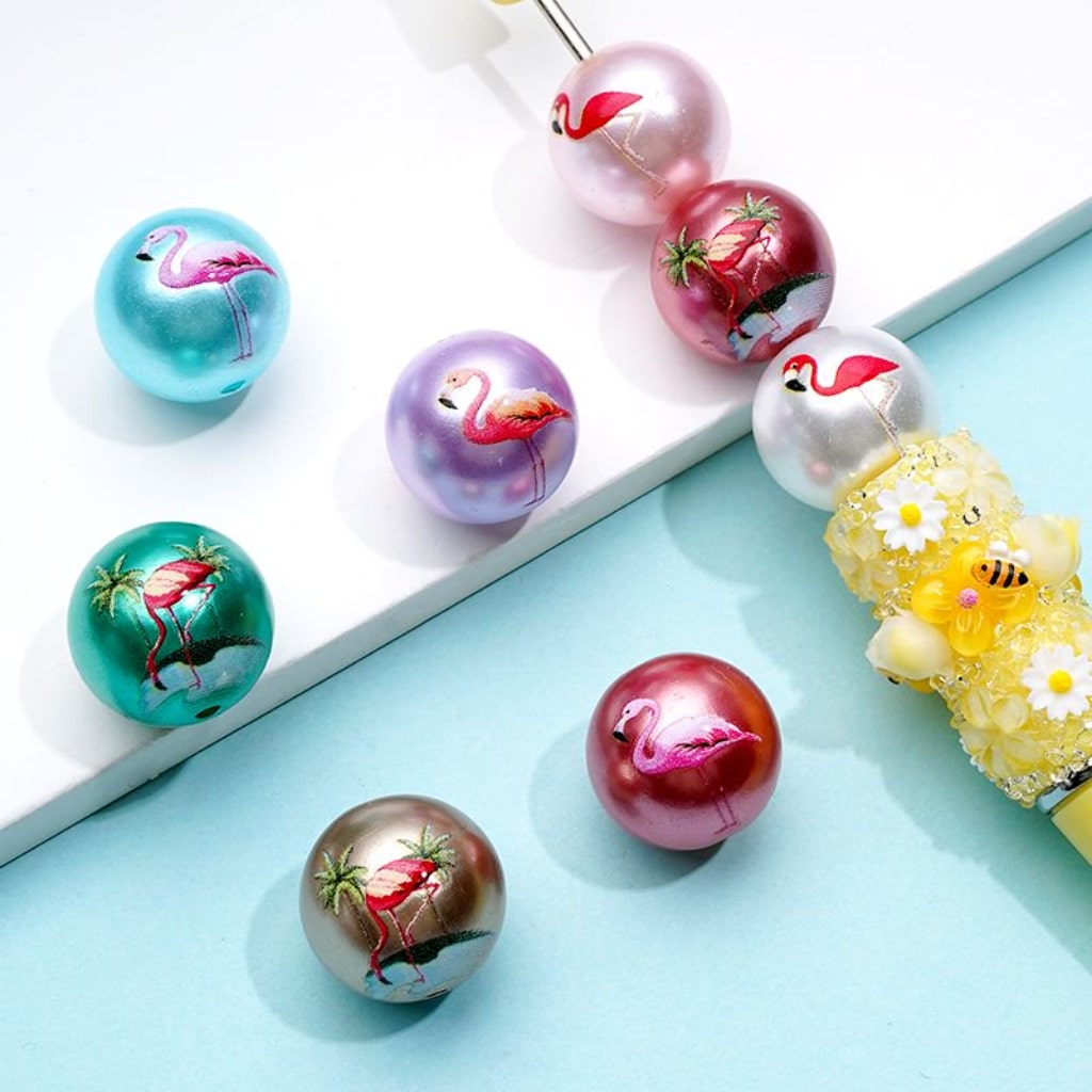 Flamingo Design Glossy Shiny Round Acrylic Beads, 16MM, Random Mix