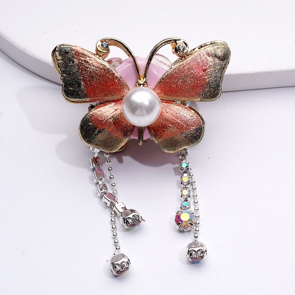 Delicate Fancy Gold Alloy Butterflies with Shiny Rhinestones Chains White Pearls Clay Beads, Around 46*26*26MM
