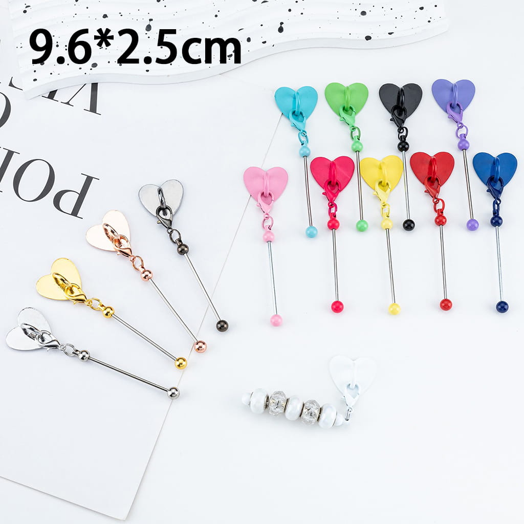 DIY Beadable Keychain Bar with Mini Lobster Clasp & Heart Accessories, 9.6*2.5CM