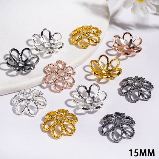 Hollow Flower Design Alloy Bead Cap Cages, 15MM, Multi-Color, Random Mix, (They Fit 14MM Beads)