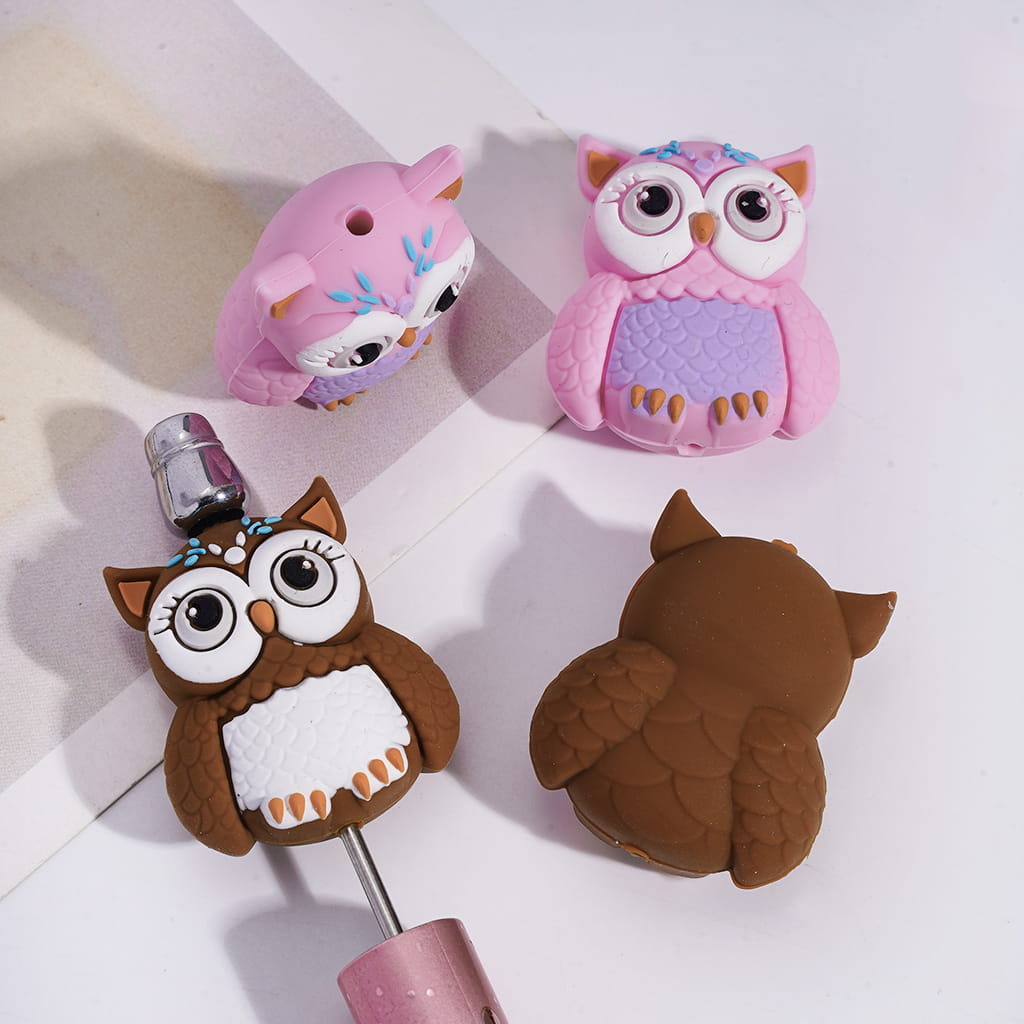 3D Cute Big Eye Pink & Brown Owl Silicone Focal Beads