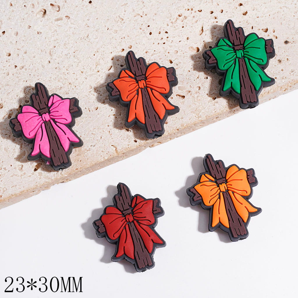 Silicone Focal Beads Brown Wooden Cross with Bowtie, 23*30MM, Multi-Color