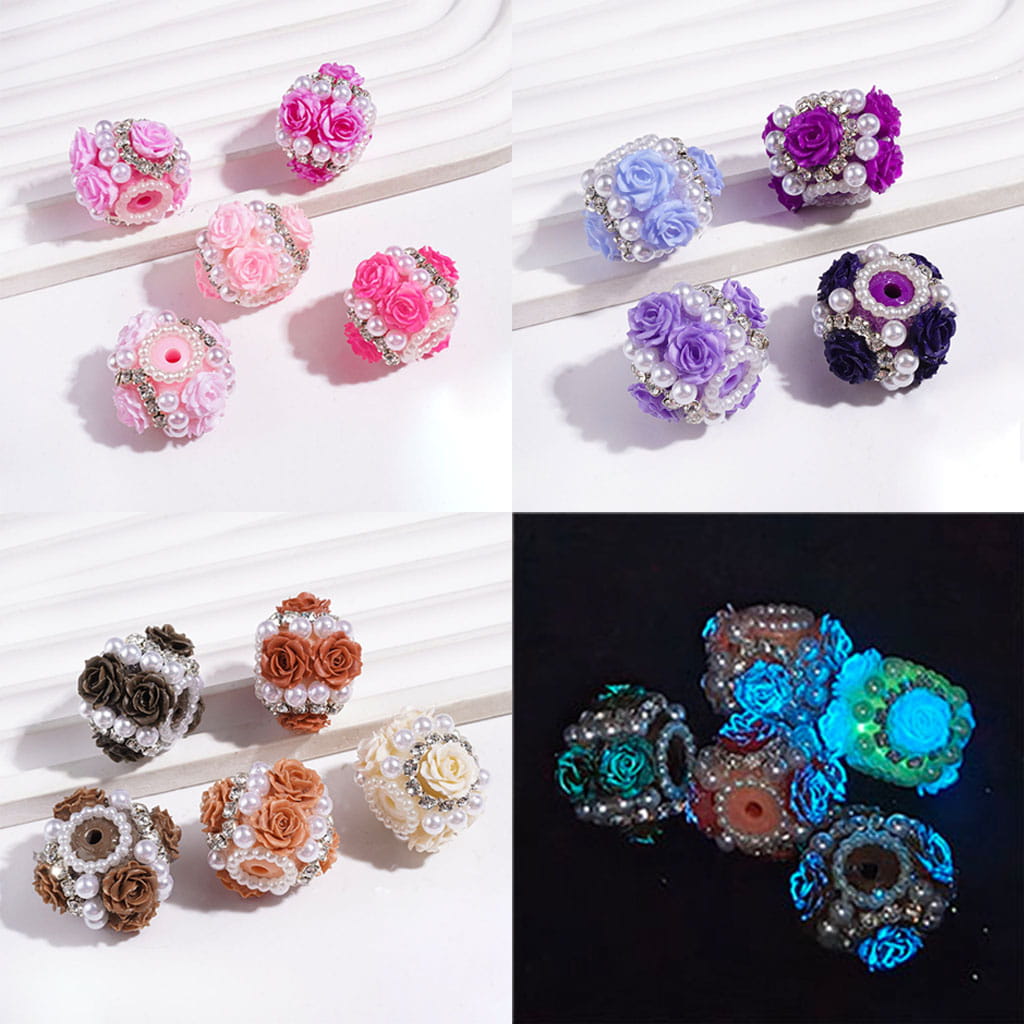 Luminous Adorable Rose Flower with Clear Rhinestone Chains and White Pearls Acrylic Beads, 23MM, Assorted Color Styles
