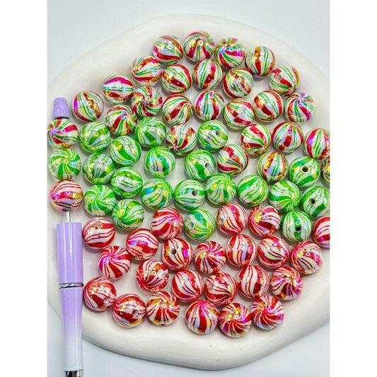 Colorful Striped Lines  Christmas Red and Green Round Acrylic Beads,  Random Mix,16MM