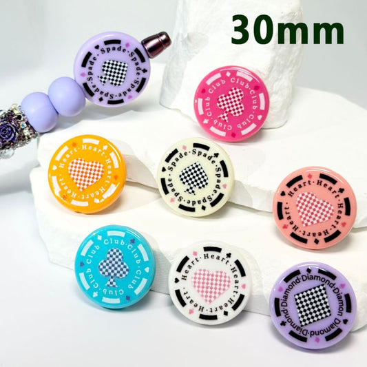 Round Acrylic Beads with Playing Cards Theme, Random Mix, 30MM