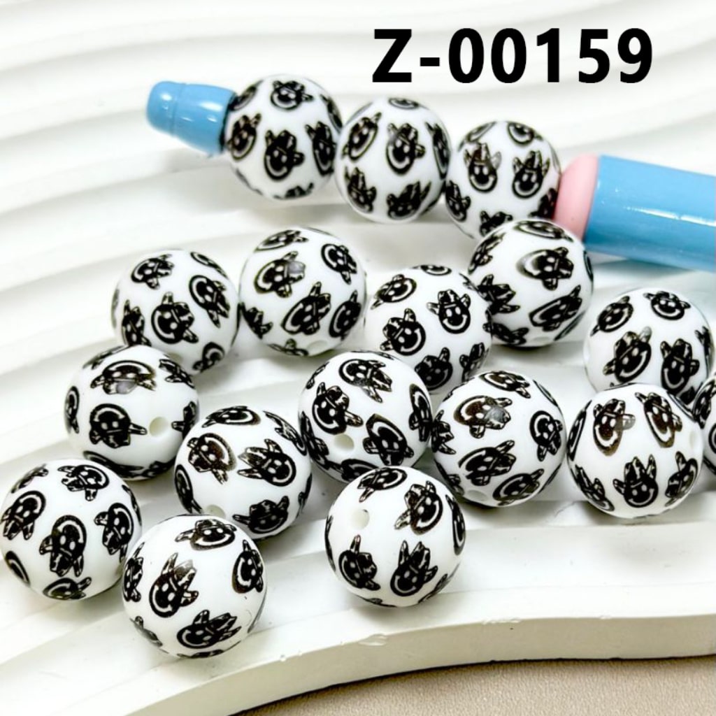 Cowboy Hat with Smile Face White Round Printed Silicone Beads 15mm, Number Z-00159