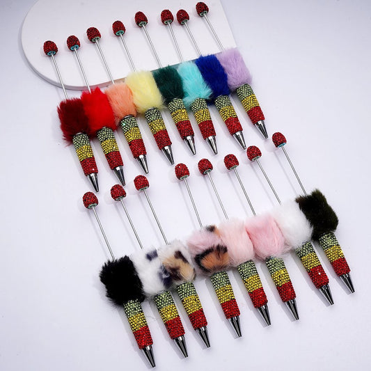 Pom Pom Beadable Clay Pens Covered with Shiny Green Yellow Red Rhinestones Along the Entire Pen