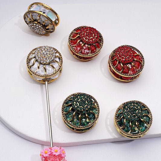 Gold Alloy Ring Fancy Delicate with Shiny Rhinestones Oval Pearls and Decorative Clay beads Around 24MM