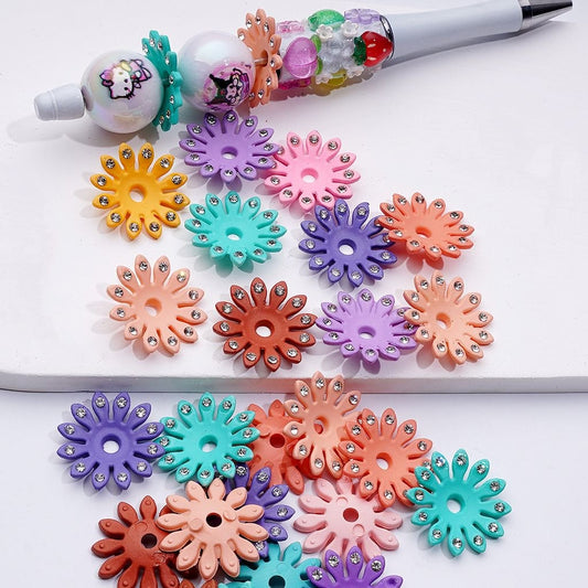 Colorful Flowers Floral Bead Caps with Clear Rhinestones 22MM Random Mix