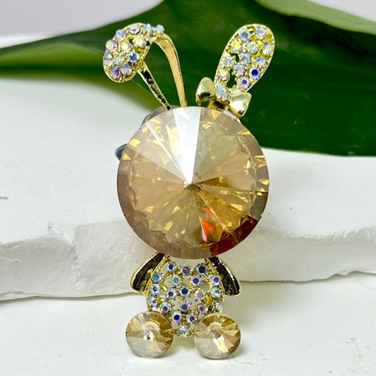 Bling Bling Fancy Gold Alloy Bunny Rabbit with Mini AB Rhinestones, Large Shiny Champagne Coniform Rhinestone, Mini Butterfly, Heart, Flower, Oval Pearls, Clay Beads, Around 56*28mm