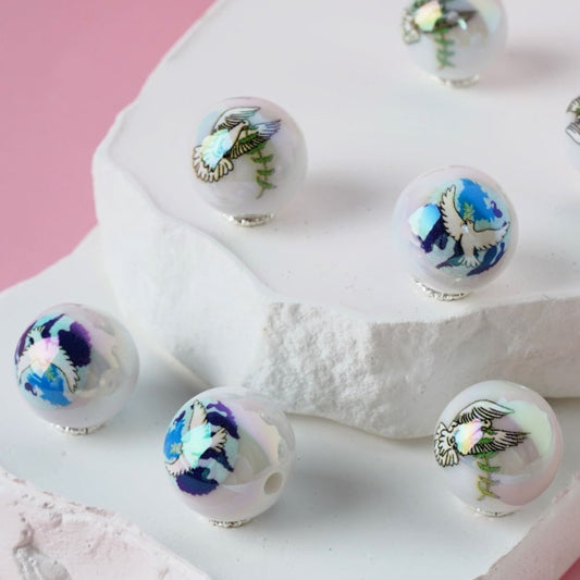 Peace Pigeons Olive Branches White Round UV Finish Acrylic Beads, 16MM, Random Mix