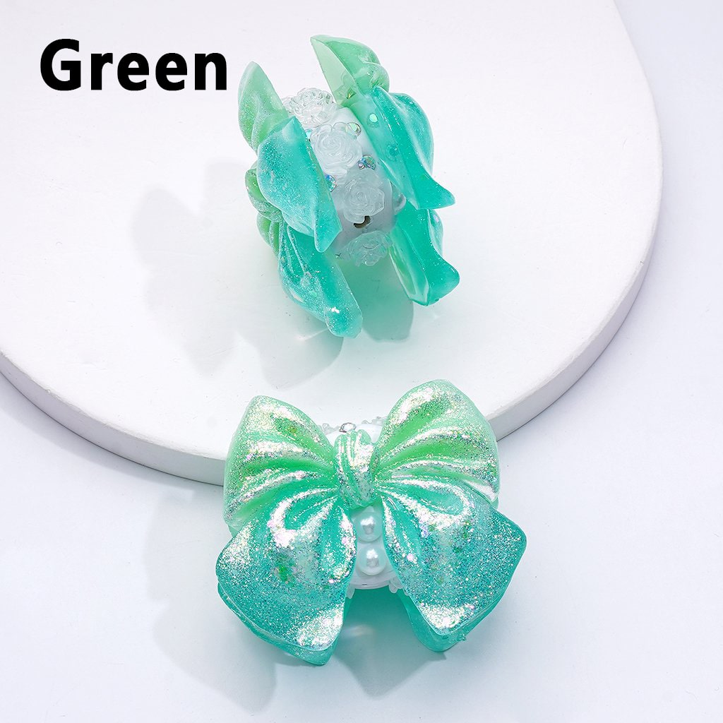 Sparkling Glitter Bowknot with Mini Floral Accents – Adorned with White Pearls, AB Rhinestones & Decorative Clay Beads 41*34MM