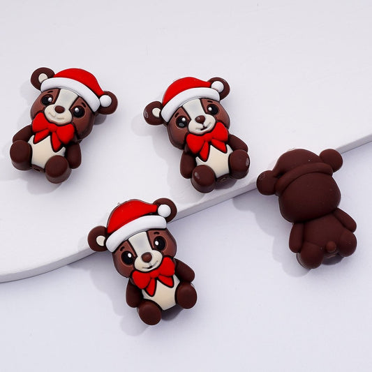 Adorable 3D Bear Silicone Focal Beads with Red Christmas Hat and Bowknot