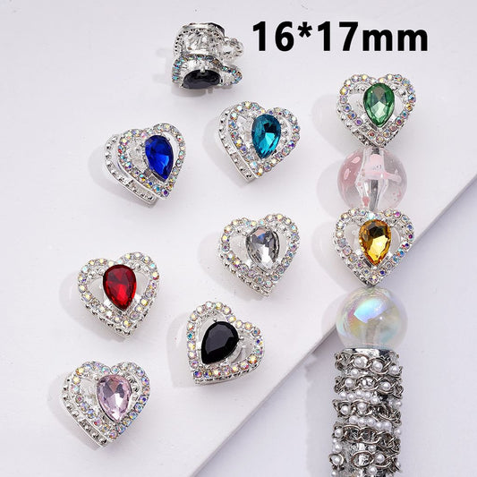 Silver Alloy Heart Charms with AB and Colorful Rhinestones, Random Mixed Set, 16x17MM