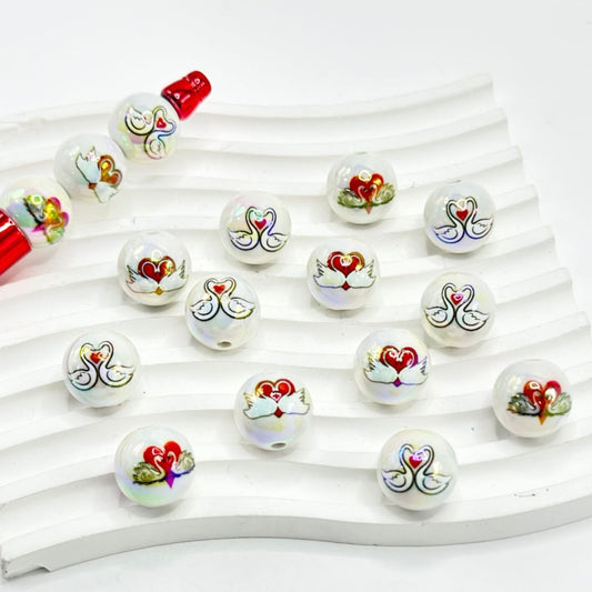 Two White Swans Red Heart Love Valentines White Round UV Finish Acrylic Beads, 16MM